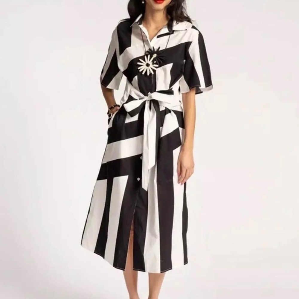 NWT $348 Frances Valentine Black/OysterStriped Amanda Dress - Picture 2 of 7